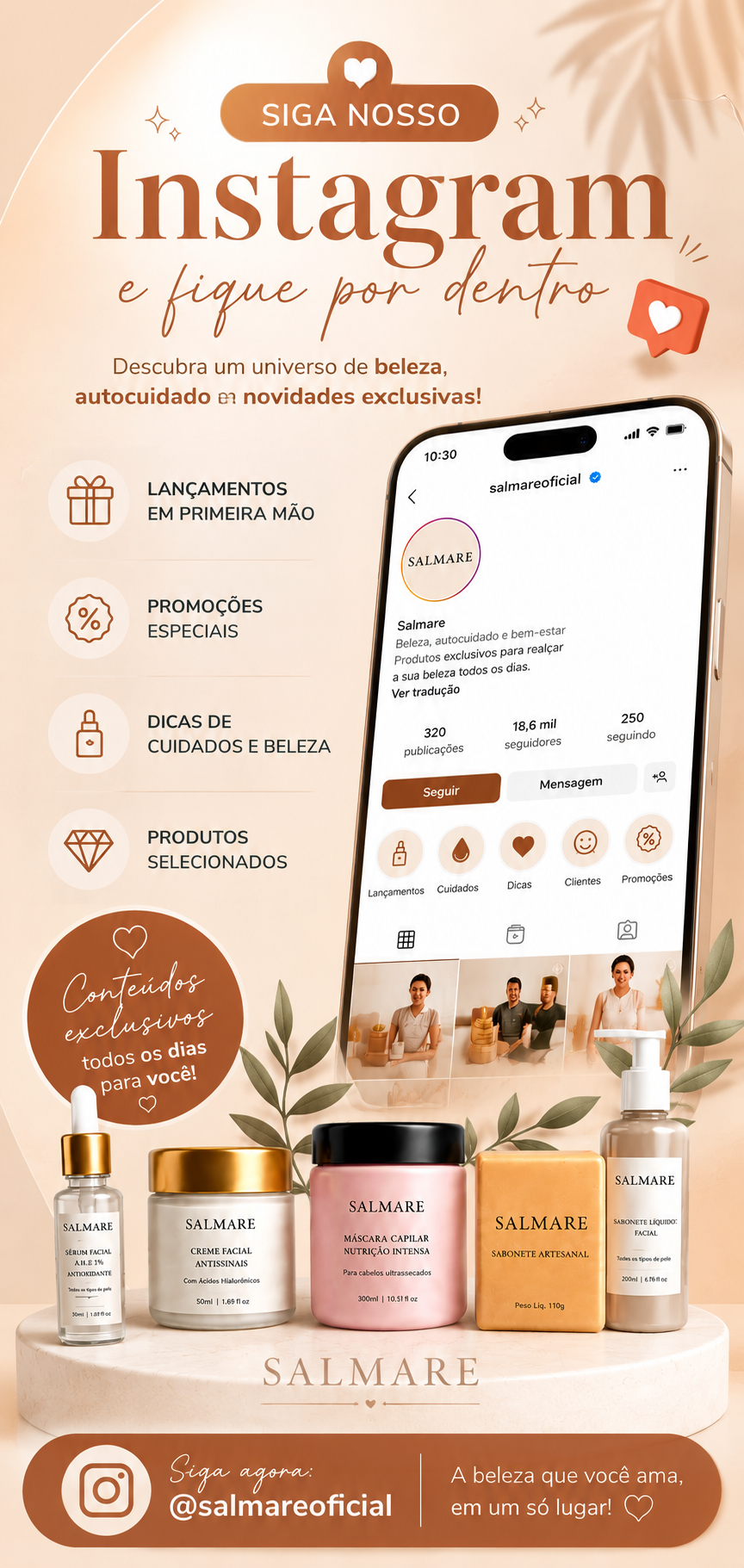 Siga o Instagram @salmareoficial — beleza, autocuidado e novidades exclusivas