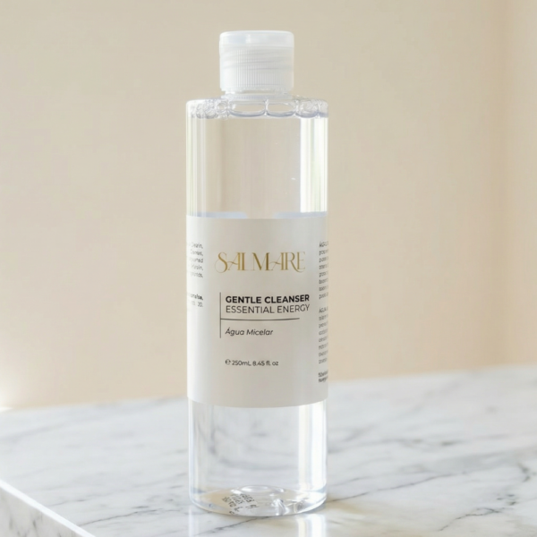 Frasco de Água Micelar Gentle Cleanser da Salmare sobre pedra natural.